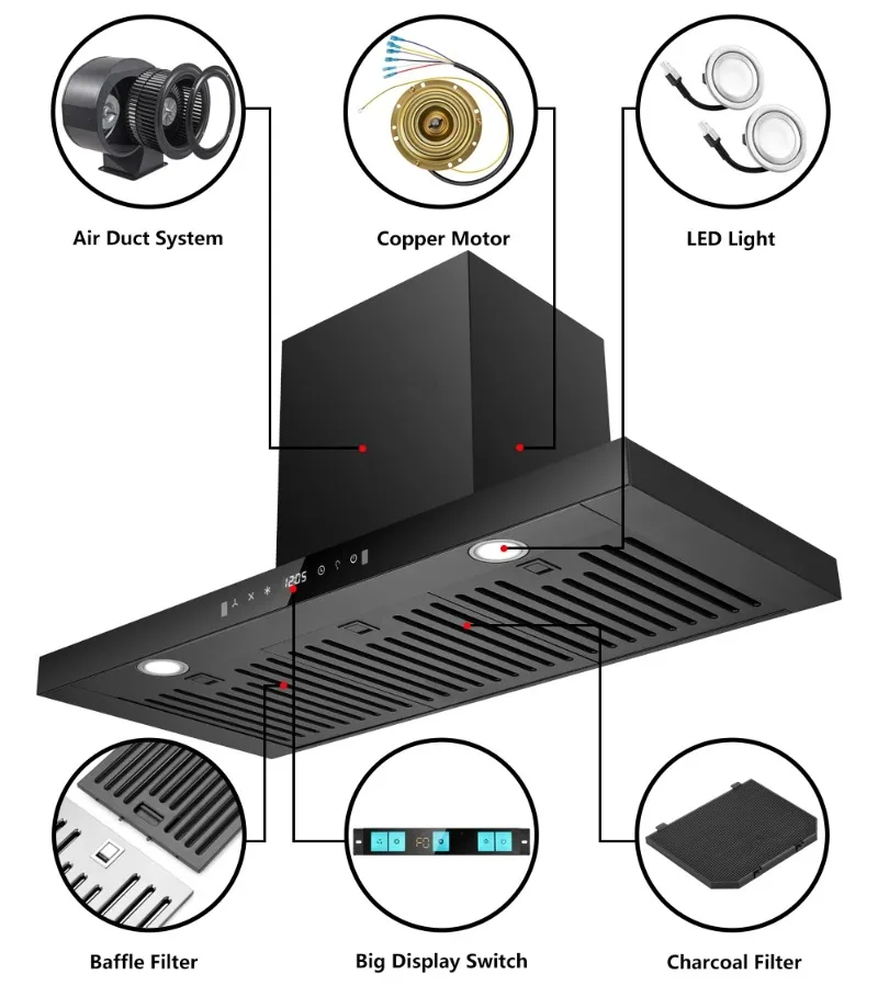 DC / AC Copper Motor Home Cooker Hood Exhaust Stainless Steel Kitchen Extractor Hood Chimney Kitchen Range Hoods