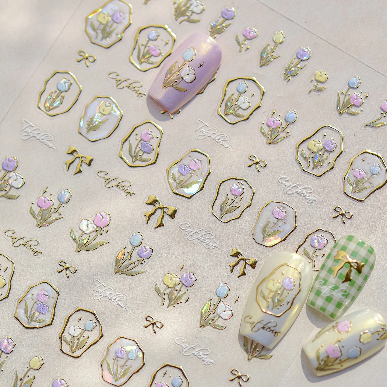 

Golden Border Tulip Bloom Flower Bowknot Geometric Frame Metal Workmanship Charming Adhesive Nail Art Sticker Manicure Decals