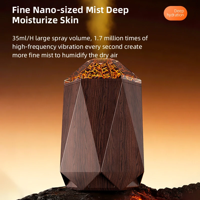 Decorative Volcano Shaped Humidifier With Realistic Flame Effect, Night Light, Silent Operation, Nano Fog Output, Portable Humid