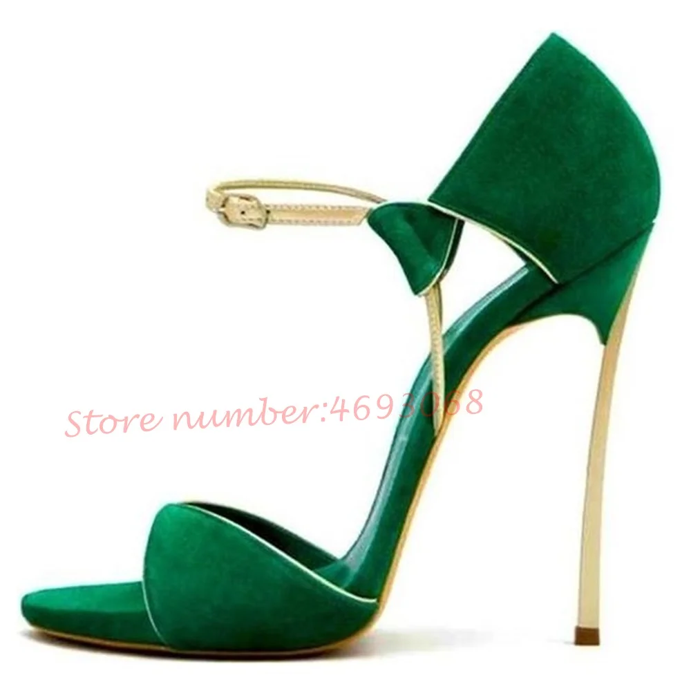 Green Suede Metal Heels Sandals Women Cover Heel Party Design Sandals Summer Peep Toe High Stiletto Heels Sandals Elegant Shoes