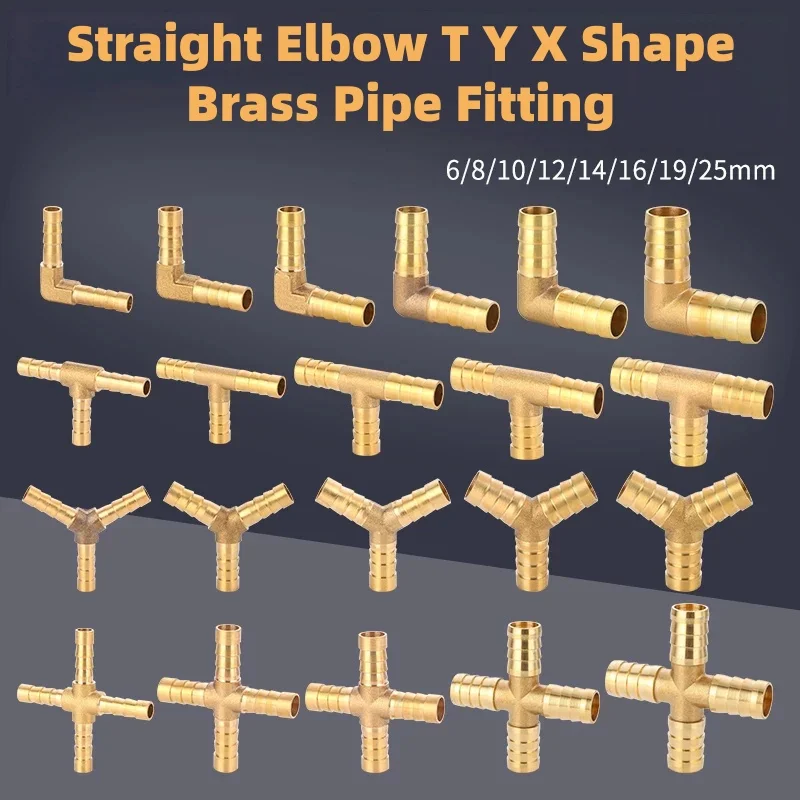Brass barb pipe fitting T Y X Shape 2 3 4 way connector for 6mm to 19mm 16mm 12mm 10mm 8mm Water Tube Joint Coupler Adapter