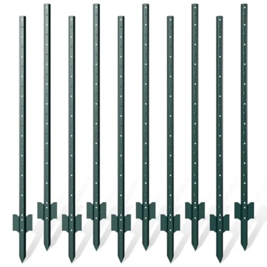 10 Pack Metal Fence Post for Garden Use, Galvanized Steel, Silver, Heavy Duty 6 Feet with U-Post and No Dig Corner Anchor