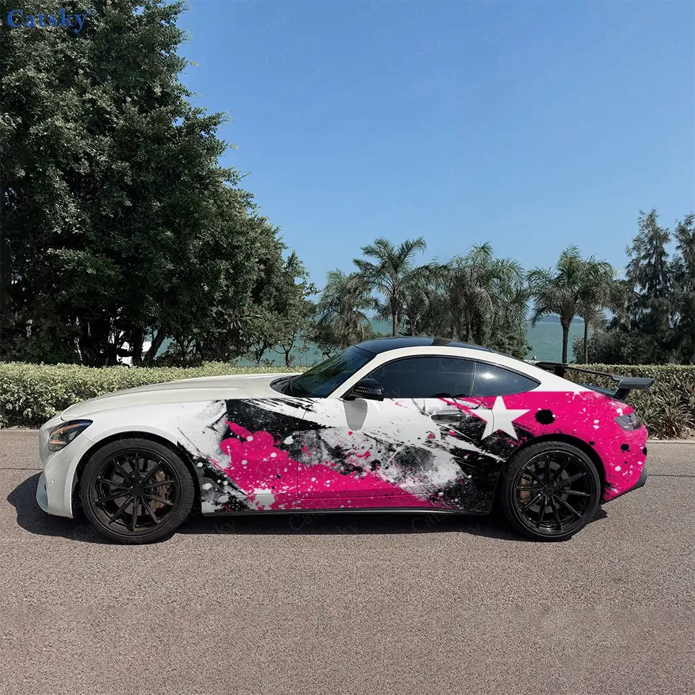 2pcs Abstract Grunge Splatter White Star Car Side Wrap, Self-Adhesive PVC Waterproof & Scratch-Resistant Stickers, Car Accessory