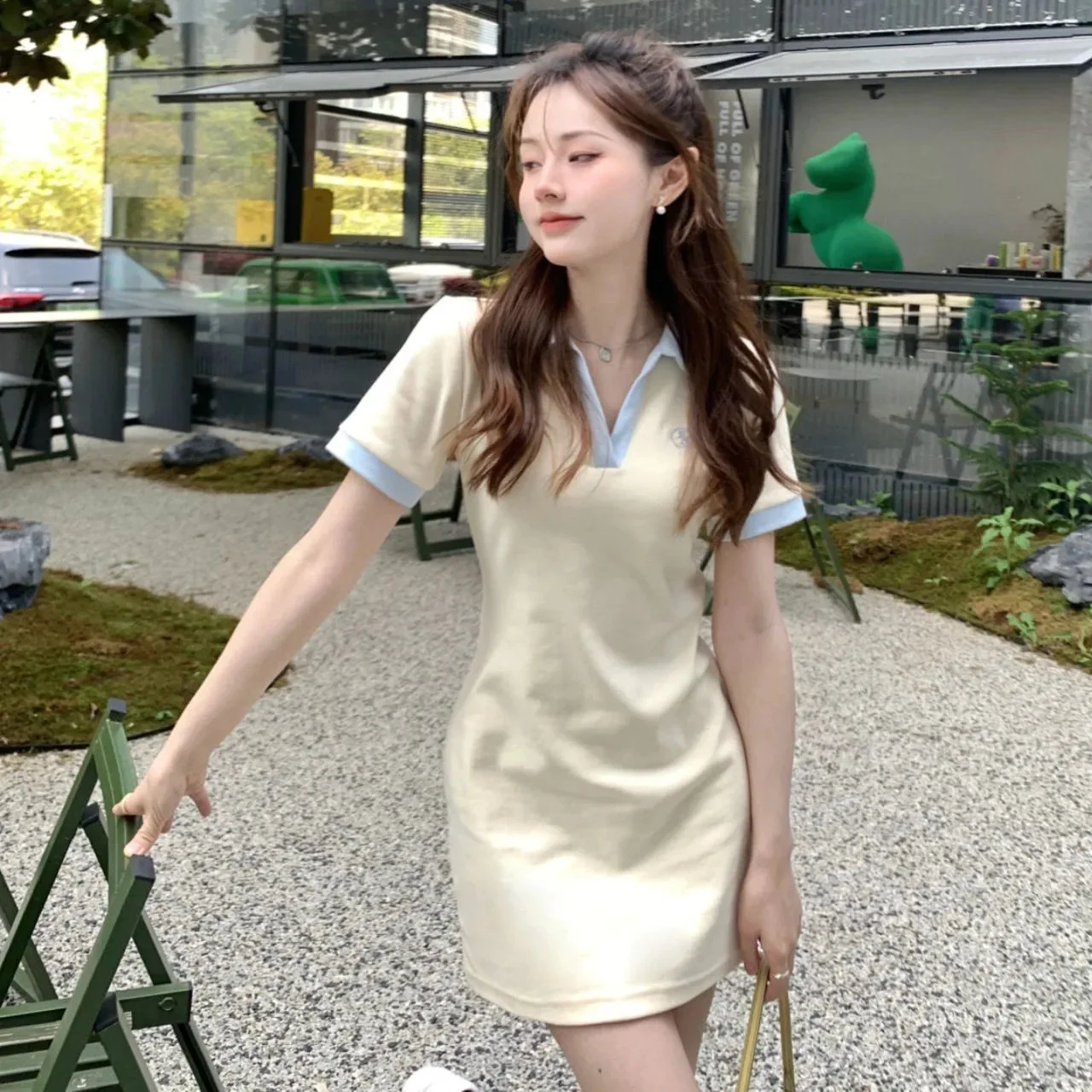 

2024 Spring Milk sweet system girly skinny hot girl short dress clashing color short sleeve polo dresses