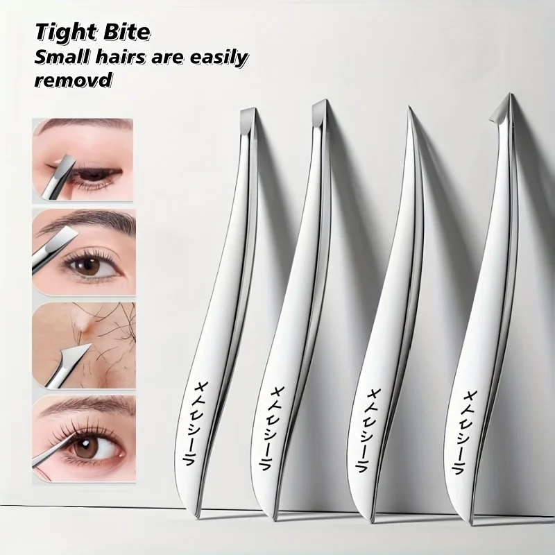 4pcs Stainless Steel Tweezers Set for Sensitive Beige & Eyelid Facial Hair Removal Professional Slant Tip Beauty Tools Gifts