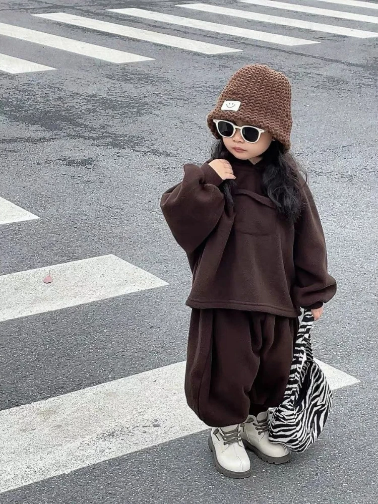 Kinder Vintage Fleece Hoodie Hosen Set Jungen Mädchen Kapuzenpullover Dicker Warmer Trainingsanzug Winter Kinderkleidung 2-Teiliges Outfit