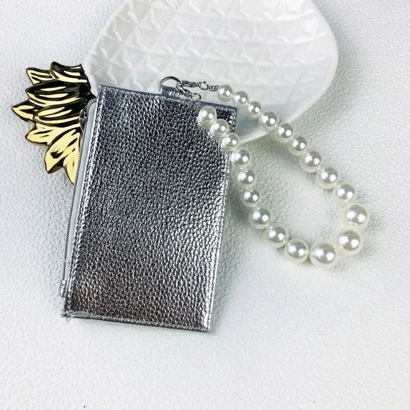 New Metallic Color Gold Silver PU Wallet for Women Ultra-thin Portable Purse Multi-card Slot Card Holder with Beads ID Bag