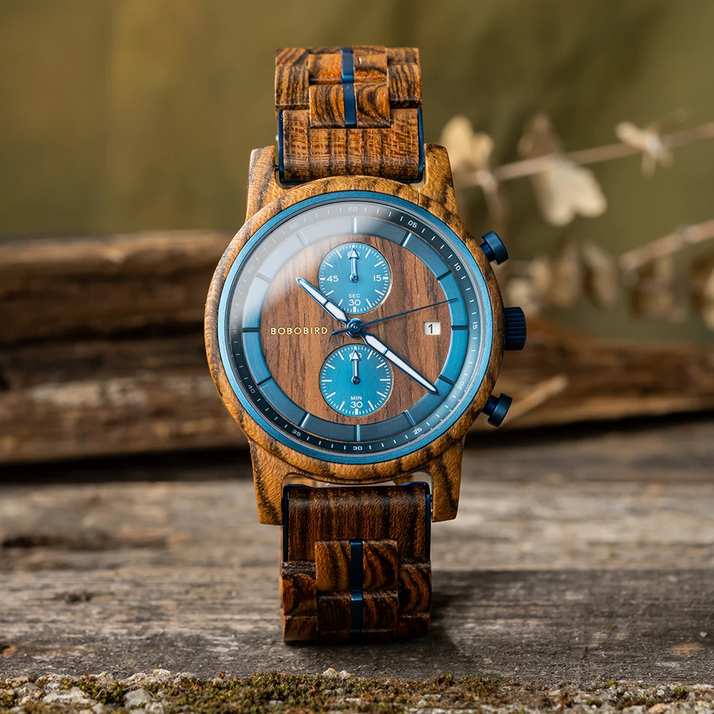 BOBO BIRD-reloj analógico de madera para hombre, accesorio de pulsera de cuarzo resistente al agua con cronógrafo grabado, complemento masculino de