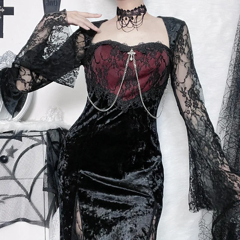 Goth Dark Elegant Mall Gothic Women Evening Dresses Grunge Aesthetic E-girl Velvet Midi Dress Lace Splice Sexy Split Alt Outfits