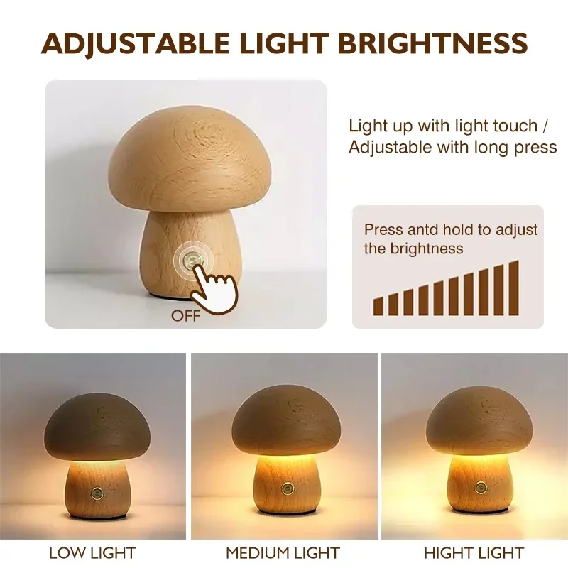 INS LED Mushroom Light Night Light with Touch Switch Wooden Cute Mushroom Bedside Table Lamp Dimmable Decorative Night Lights