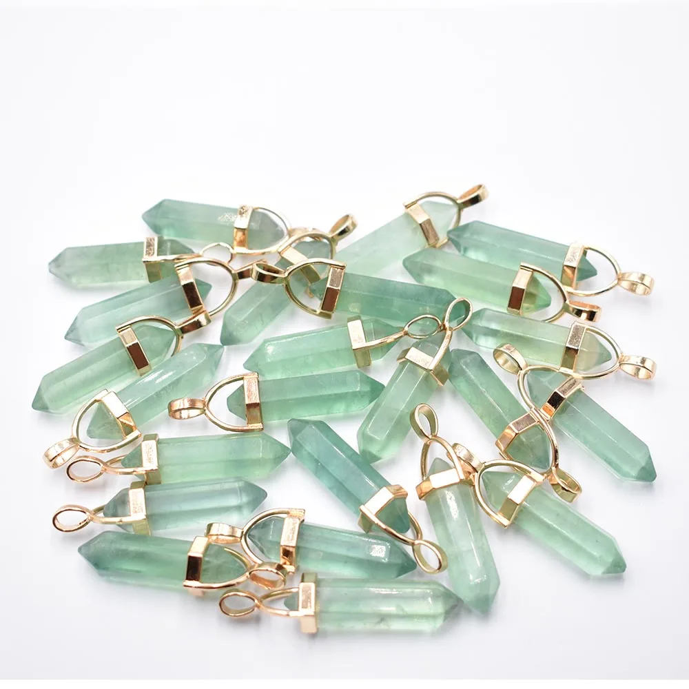 

Wholesale 24pcs/lot Fashion quality natural green fluorite stone pillar charms point Chakra pendants for jewelry making free