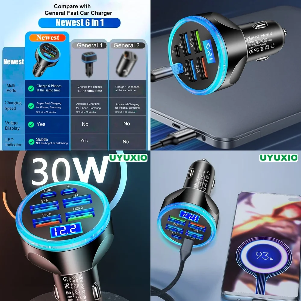 Carregador Veicular PD 30W com Chip Inteligente IC, Super Rápido, 6 Portas para iPhone 17 16 15 14 Pro Max Plus, Display Digital LED, Plugue de Carregamento Rápido