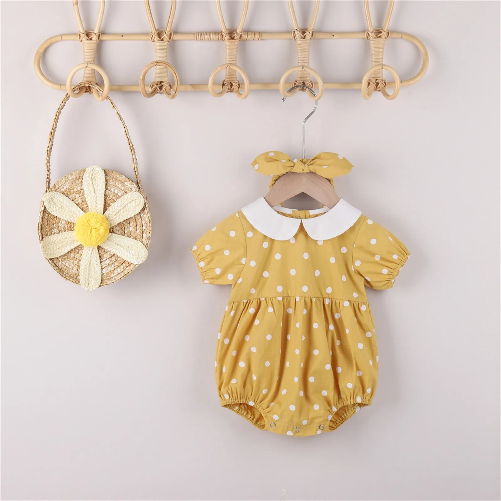 

Наряд для маленьких девочек, комбинезон в горошек с короткими рукавами и повязками на голову для новорожденных девочек, комплект одежды для новорожденных девочек