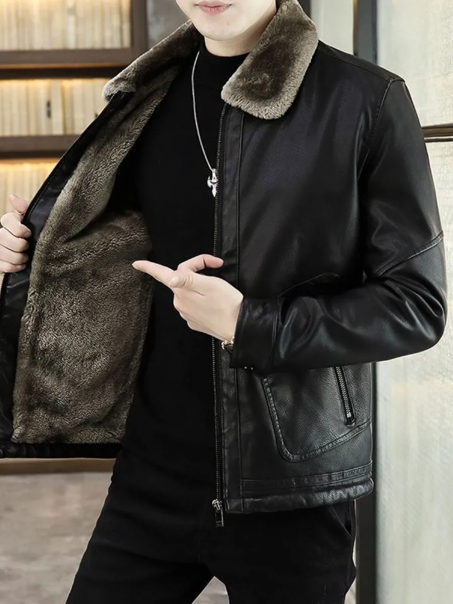

Мужская зимняя утепленная кожаная куртка с меховым воротником, приталенного кроя, с длинными рукавами, на молнии, однотонная