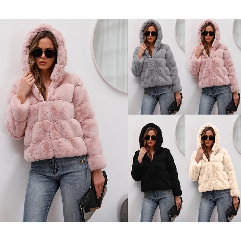 New Short Solid Loose Horizontal Patchwork Hooded Faux Fur Autumn Winter Warm Coat