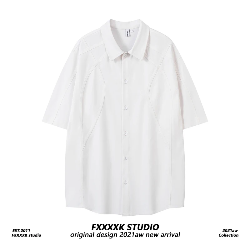 

FXK Original Design Turn-down Collar Casual irt ex Summer New Sle High Street Loose Fit ort Sve Couple irt