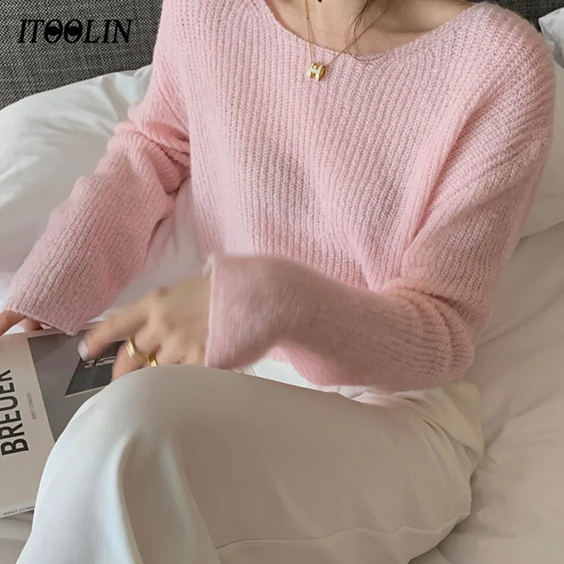 ITOOLIN Autumn Knit Sweater Women Knitwear Jumper Mulheres Pullover Female Pink Sweater Tops Sweater Women Clothes 2021