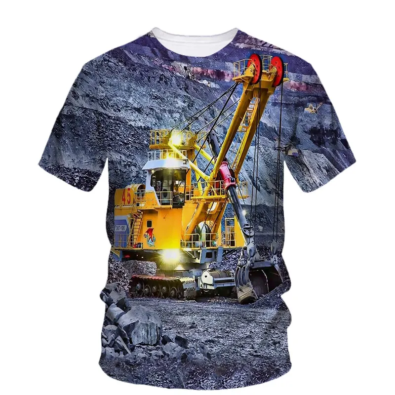 Summer Hip Hop Logging Excavator Graphic Trend Men'S T-Shirt Fashion Street Creative Short Sleeve Loose Casual 3d Hd Printed Top