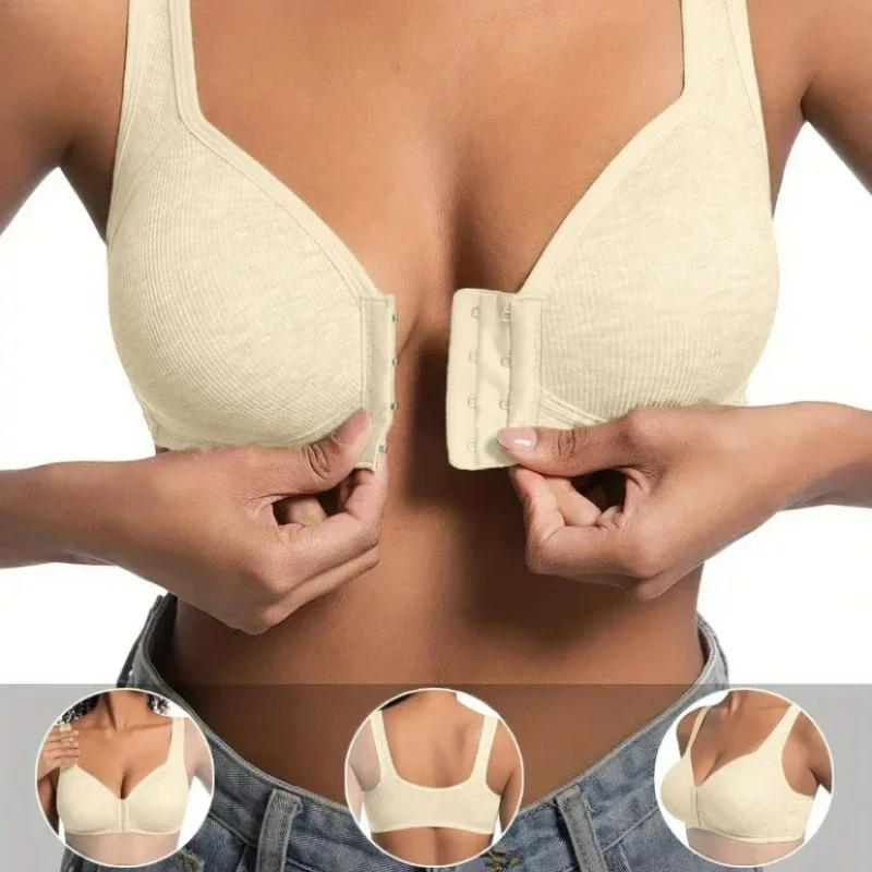 حمالة صدر نسائية خالية من الأسلاك، إغلاق أمامي بلون سادة، تغطية كاملة، أكواب ثابتة أكثر غورًا للأفراد في منتصف العمر وكبار السن #4