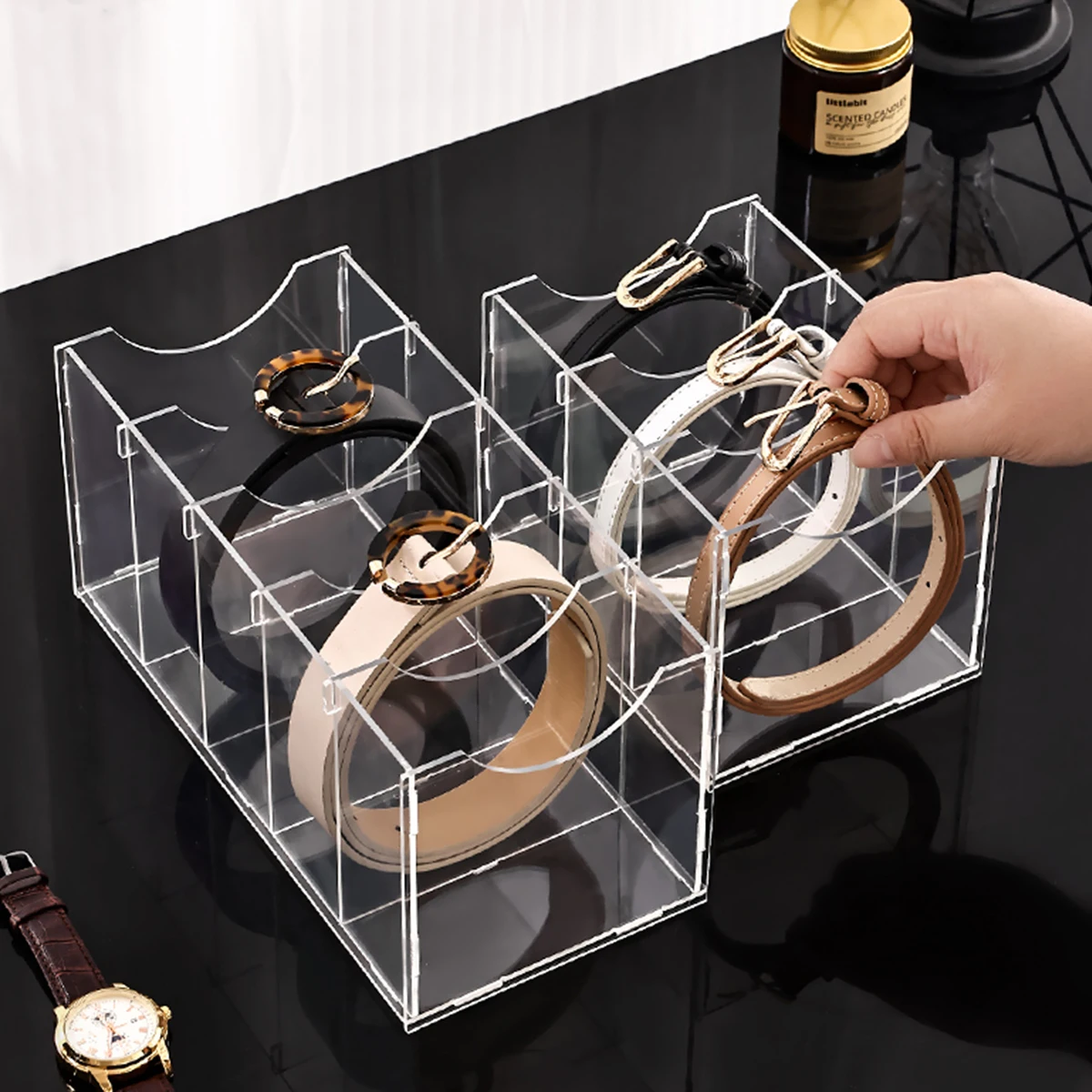 1pc Transparent belt storage box, assembled version, suitable for belts, ties, neckties, wardrobe organizing and storage rack