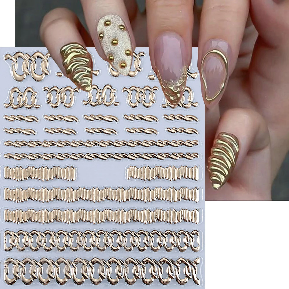 

1pc 5D Retro Punk Chain Pattern Nail Stickers Hot Stamping Gold Silver Wavy Line Nail Decal Ring Chain/Rope Manicure Accessories
