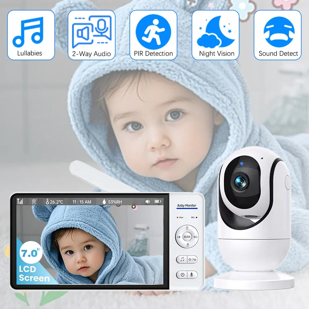 

Smart 7.0 Inch Screen Baby Monitor 5000mAh Battery Indoor Security Sound Detection Video Surveillance Temperature Lullabies Cam