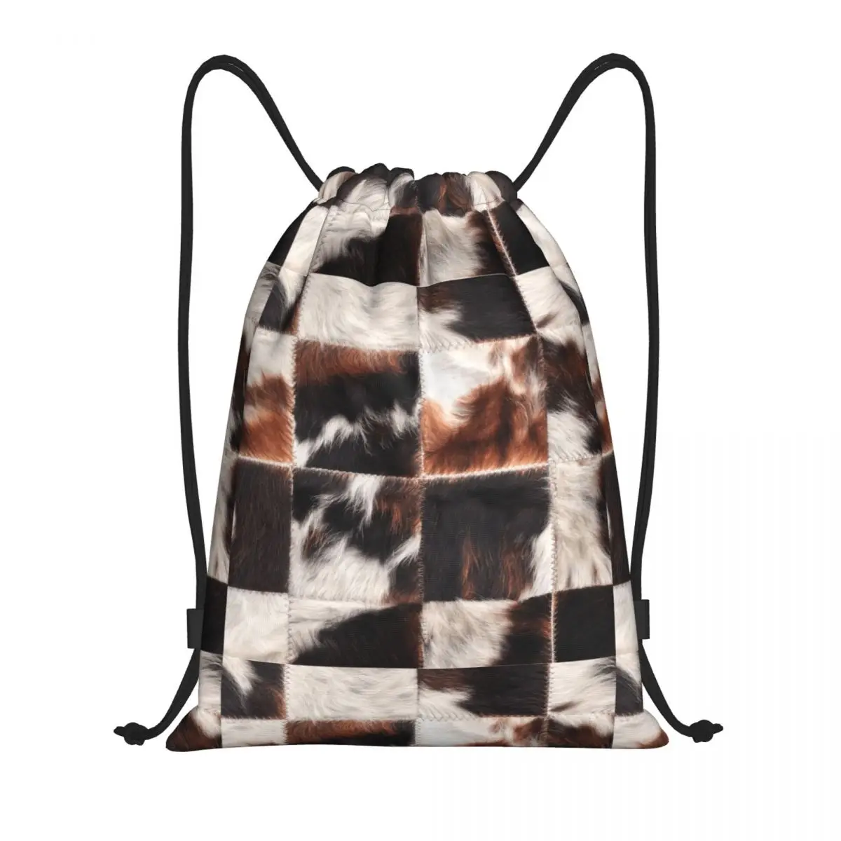 Checkered Cowhide Fur Drawstring Backpack Sports Gym Bag for Men Women Animal Leather Texture Shopping Sackpack