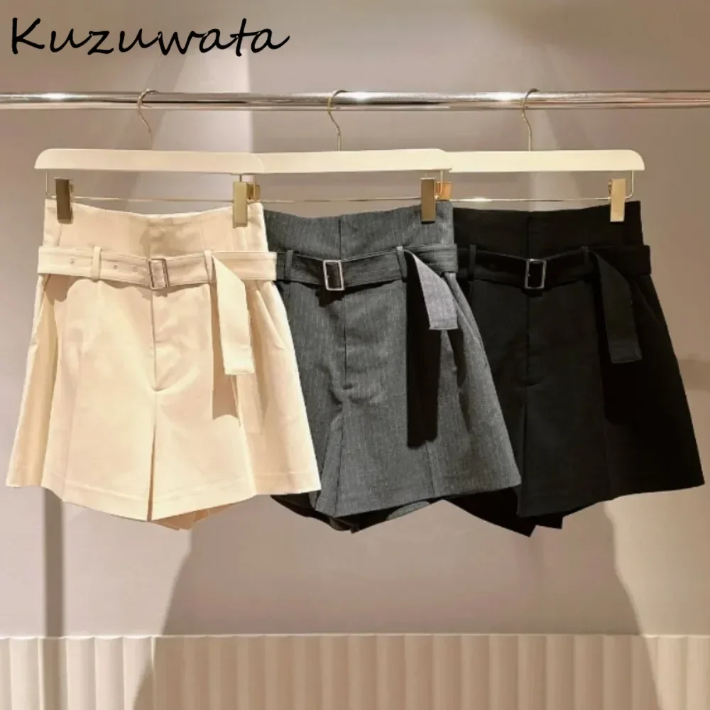 Kuzuwata New Elegant All-match High Waist Shorts Belt A-line Casual Loose Ruched Femme Pantalon Japan Commuter Harajuku Short