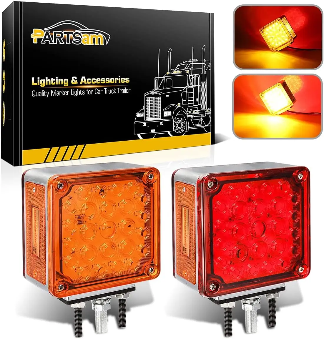 

2Pcs Square Dual Face LED Fender Stop Tail Light, 52LED Amber/Red, Waterproof Truck Trailer Pedestal Light with 3 Studs
