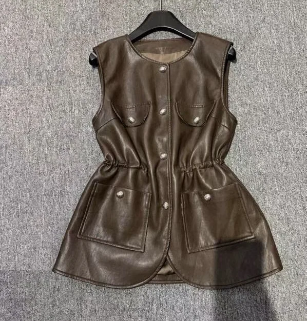 

Новейшее модное пальто, верхняя одежда, высокое качество, искусственная кожа, женский карманный жилет с завязками на талии, лоскутный повседневный черный жилет цвета хаки, куртки