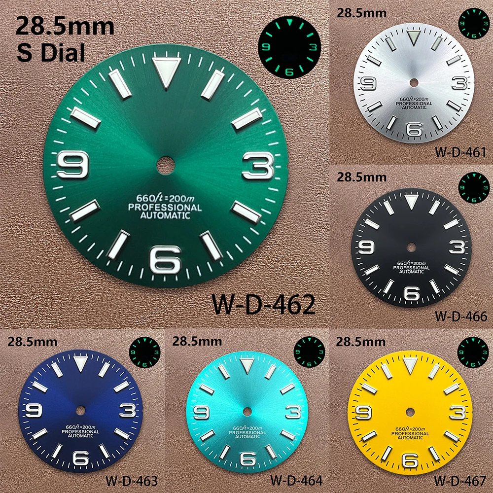 

28.5mm S Logo Exp lorer Dial Suitable For NH35/NH36/4R/7S Japanese Movement Green Luminous 3/3.8/4.1 O'clock Watch Accessories