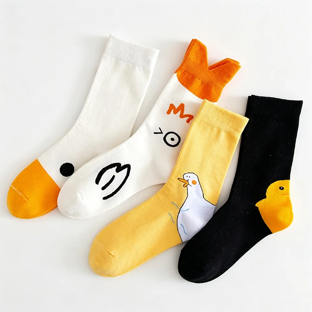 Women Socks 4 Pairs Cute Duck Cartoon Print Harajuku Funny Streetwear Casual Novelty Socks Gift For Girls