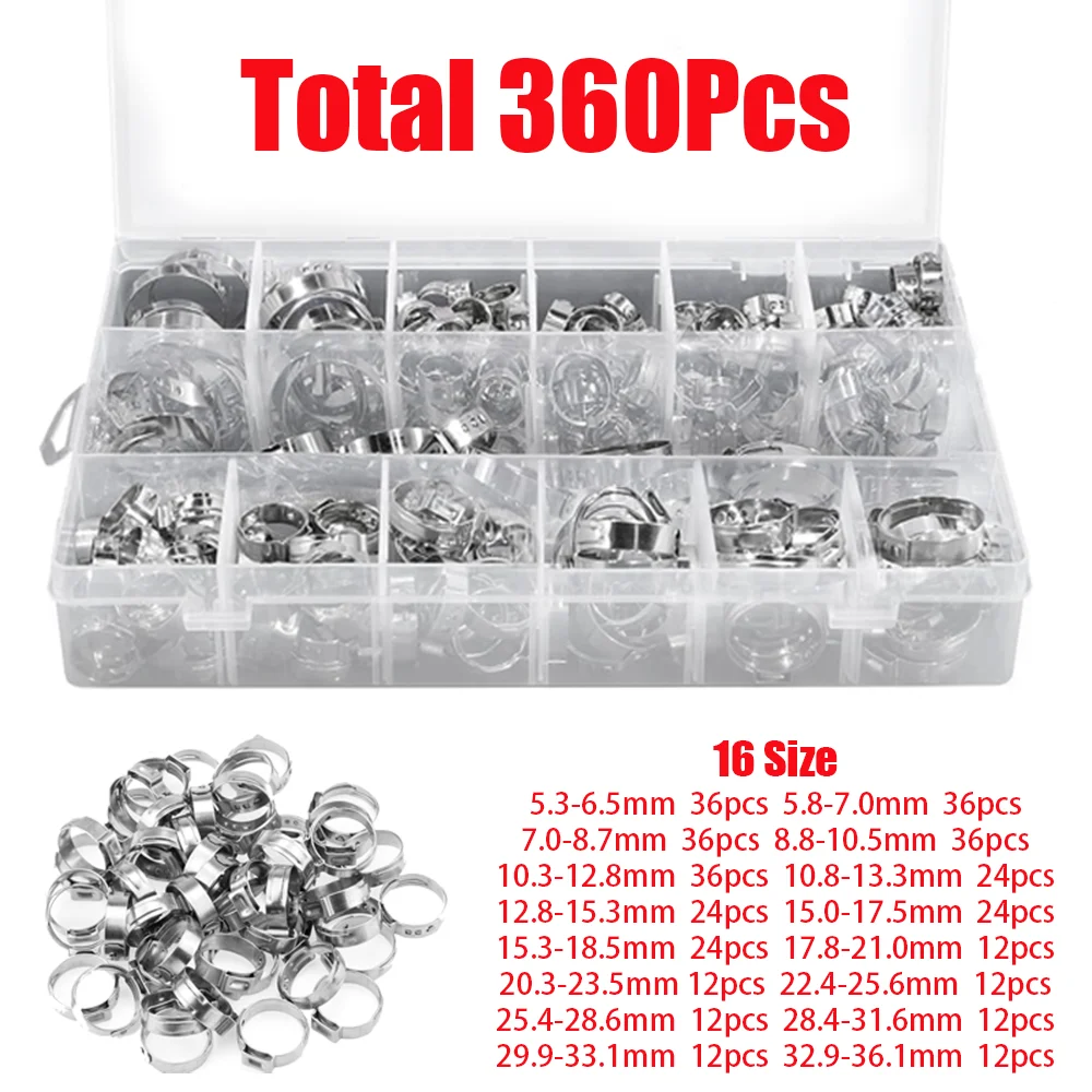 360 stücke Edelstahl Ohr Stufenlose Klemme Schneckenantrieb Kraftstoff Wasser Schlauch Rohr Klemmen Clips Cinch Clamp Ringe Crimpen werkzeug Kit