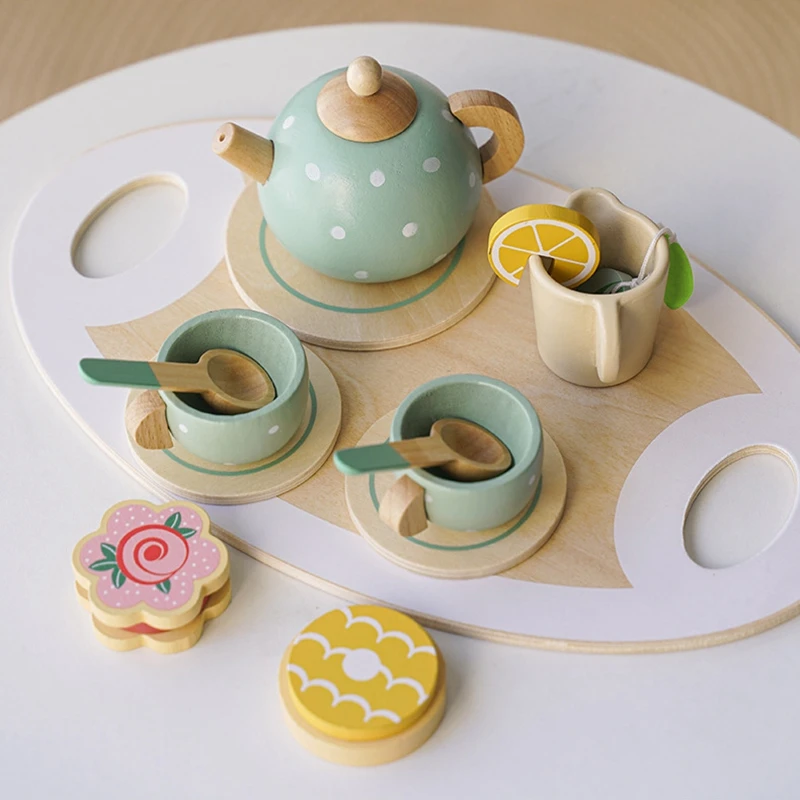 Children Play House Early Education Simulation Afternoon Tea Dessert Brewing Teapot Cup Tea Set of Wooden Toys