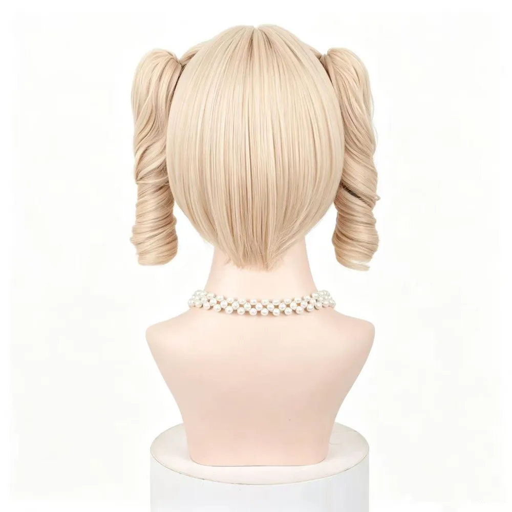 Long Blonde Cosplay Wig for Women with 2 Detachable Claw Clip Ponytails Cute Sweet Curly Pigtails Wig with Bangs for Halloween