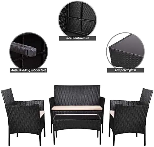4 Pieces Rattan Patio Furniture Set, Outdoor Indoor Use (Black Beige)