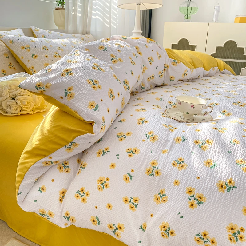 Ins Floral Bedding Set Yellow Flower Duvet Cover No Filler Pillowcase Flat Sheet Kids Adult Single Double Size Bedspread