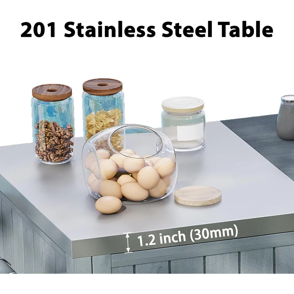 Buitenkeukeneiland voor grote groene eiergrills, 66,5 inch massief houten buitengrilltafel met roestvrijstalen blad, rollende keuken