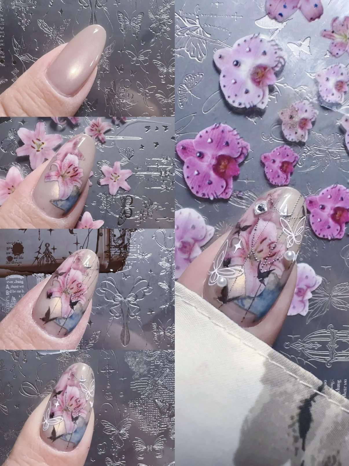1 Stück 100cm Nagelfolie mit Schmetterlings- und Blumenmuster, Retro-Aufkleber, Nagel-Wraps, Baby-Puppen-Nagelkunst-Dekoration – Detail 3