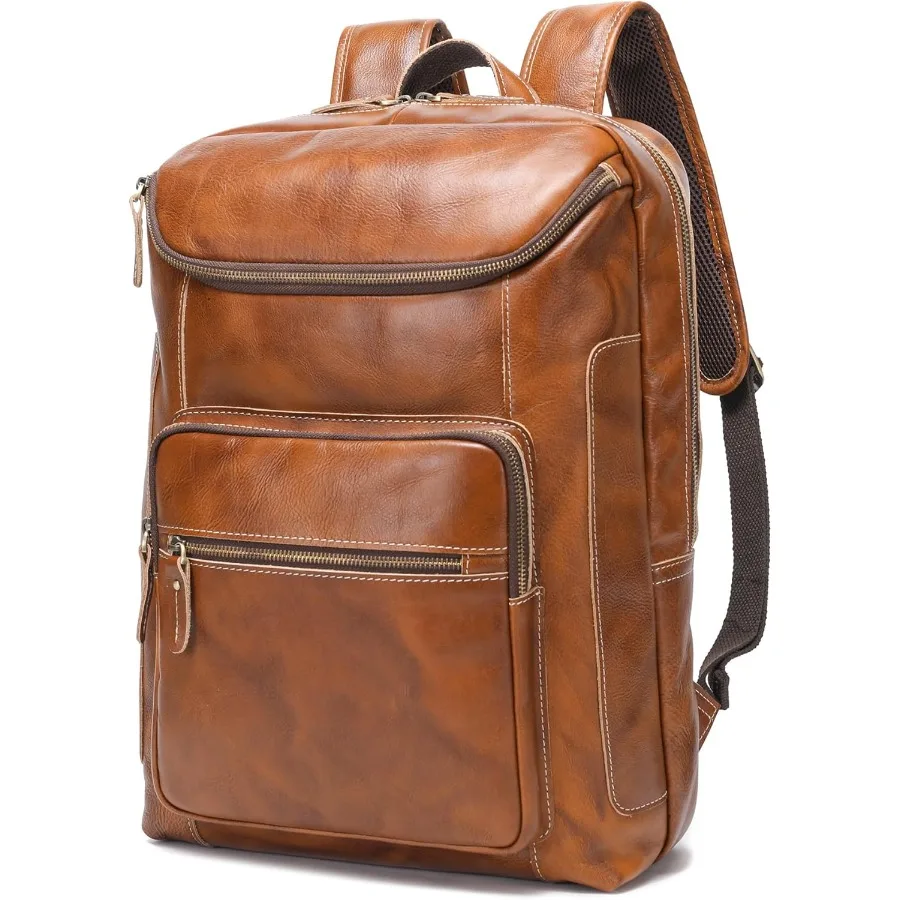 حقيبة ظهر من الجلد المدبوغ بالخضراوات من LANNSYNE للرجال مقاس 17 بوصة حقيبة ظهر للكمبيوتر المحمول كاجوال للعمل في الهواء الطلق حقيبة ظهر للسفر بسحابات YKK #1