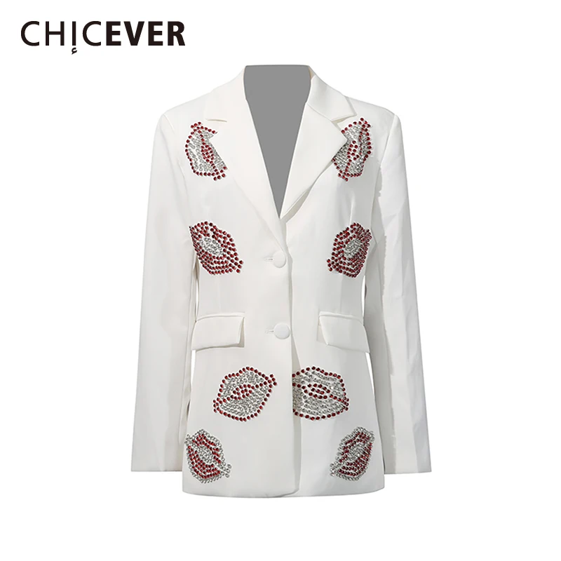 

CHICEVER Solid Spliced Diamonds Lips Chic Jacket Female Lapel Long Sleeve Office Lady Women's Jackets Autumn Fashion New Style
