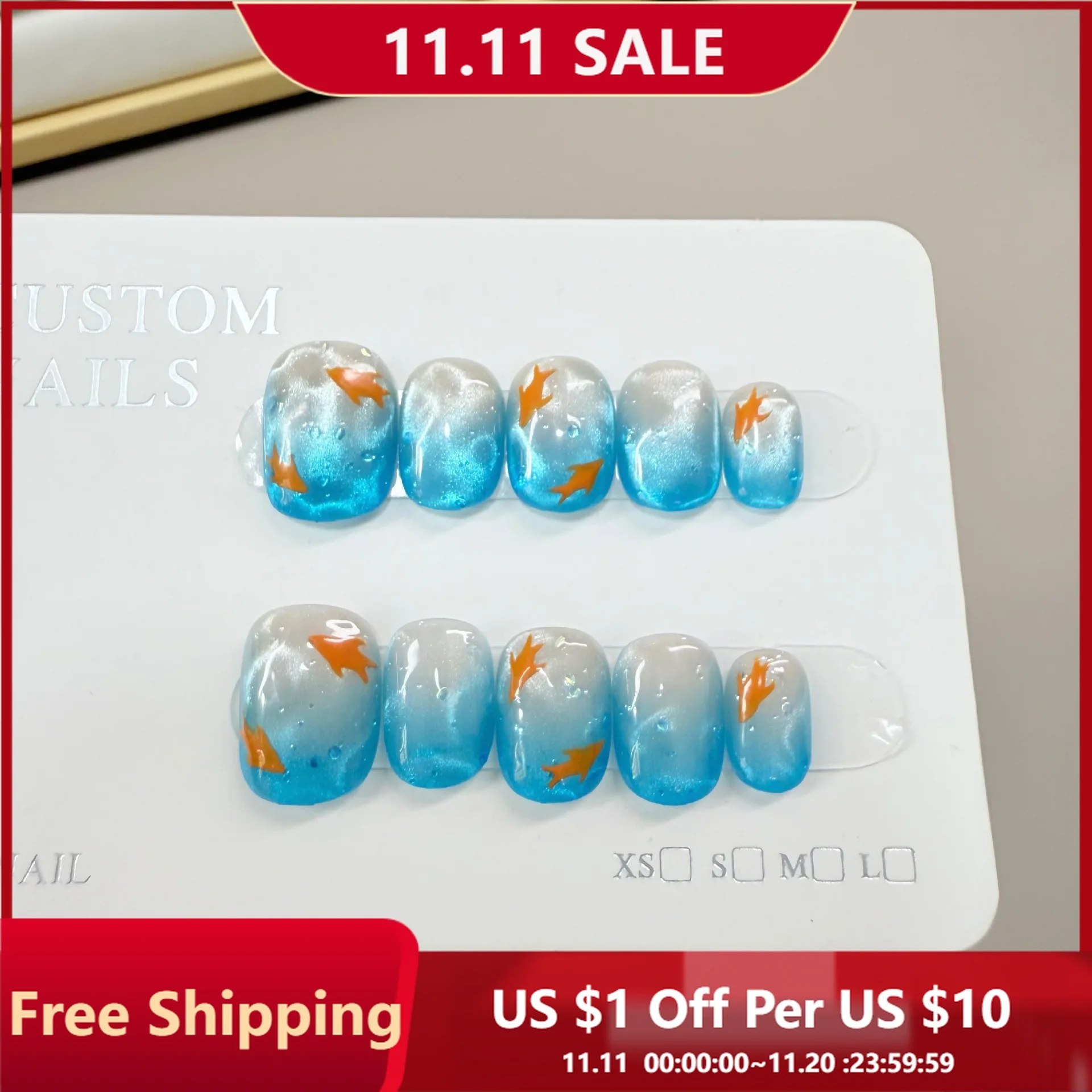 

10pcs Handmade Press on Nails Deep Blue Fish Ripple Cat's Eye Full Coverage Nail Tips for Women&Girl Removable Wearable Nail