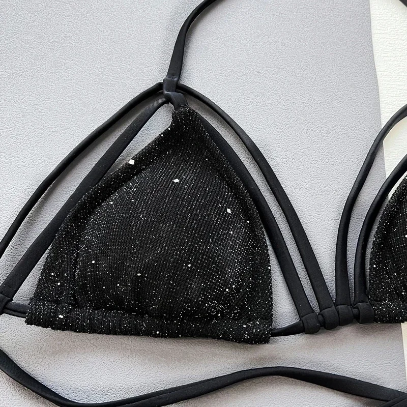 Black Shiny Bikini Women 2025 Sexy Bandage Hollow Out Two Piece Swimsuit Suspender Lace-up Backless Swimwear Summer Bathing Suit