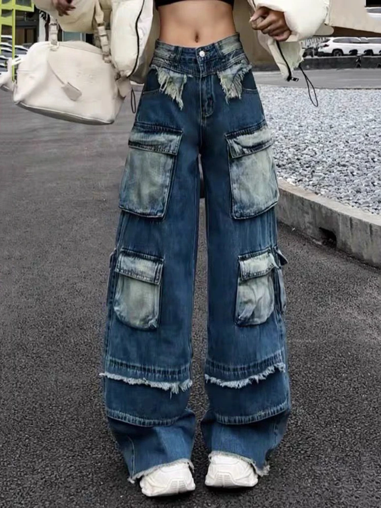 

Корейская версия Harajuku Y2k винтажные джинсовые брюки 90-х годов эстетические ковбойские брюки-карго с высокой талией женские джинсы в стиле 2000-х годов