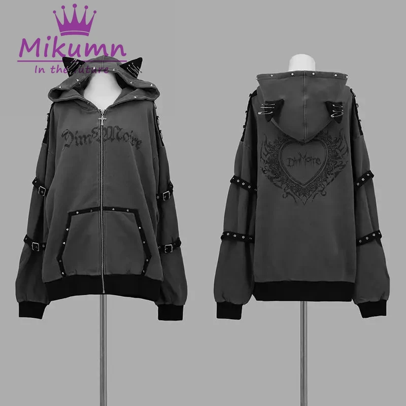 

Mikumn Harajuku Punk Hoodies Coats Y2k Gothic Grunge Women Jacket Letter Print Cat Ear Hooded Rivet Pocket Chic Casual Outerwear