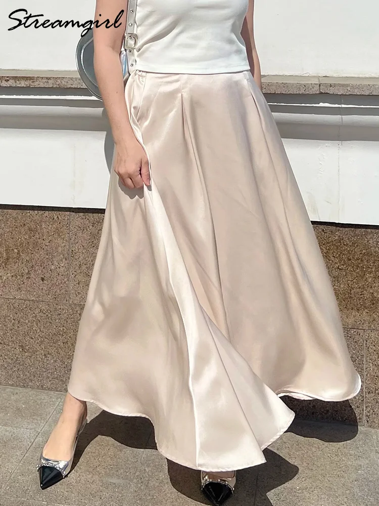 Streamgirl Satin Long A Line Skirts For Women High Waisted Elegant Black Maxi Skirt Satin Silk Office Women Beige Long Skirts