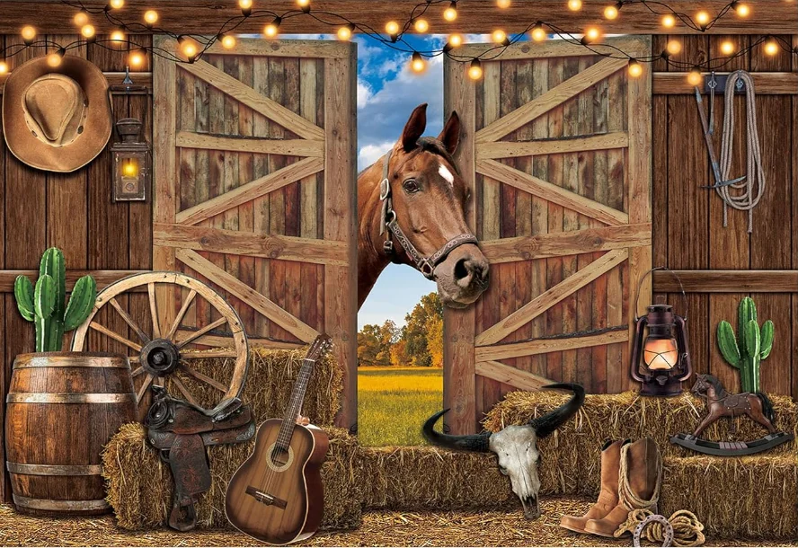 Cowboy ocidental para crianças, celeiro estável a cavalo, fundo de casa de madeira vintage, festa de aniversário para menino