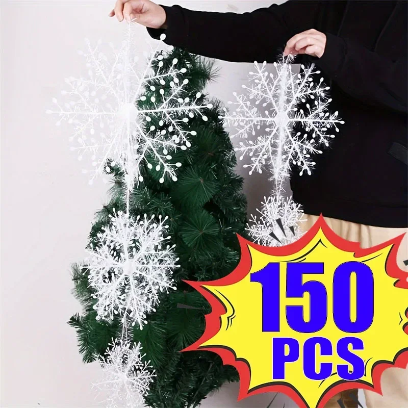 3-150PCS Christmas Snowflake Decoration White Glitter Fake Snowflake DIY Xmas Tree Hanging Pendents  Year  Party Ornament Angels