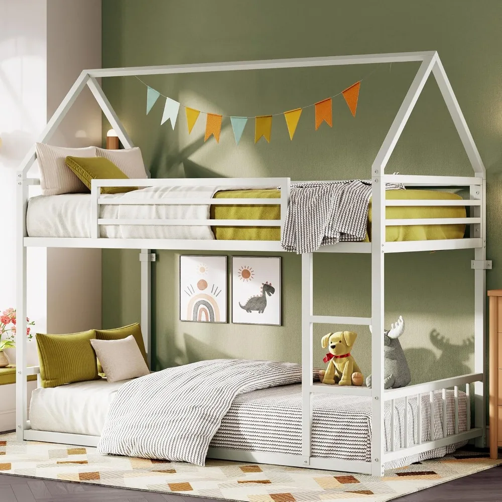 LIKIMIO Bunk Bed Twin XL Over Twin XL, Metal Bunk Bed Frame with Ladder and Guardrail, House Shaped with Metal Slats for Dormito