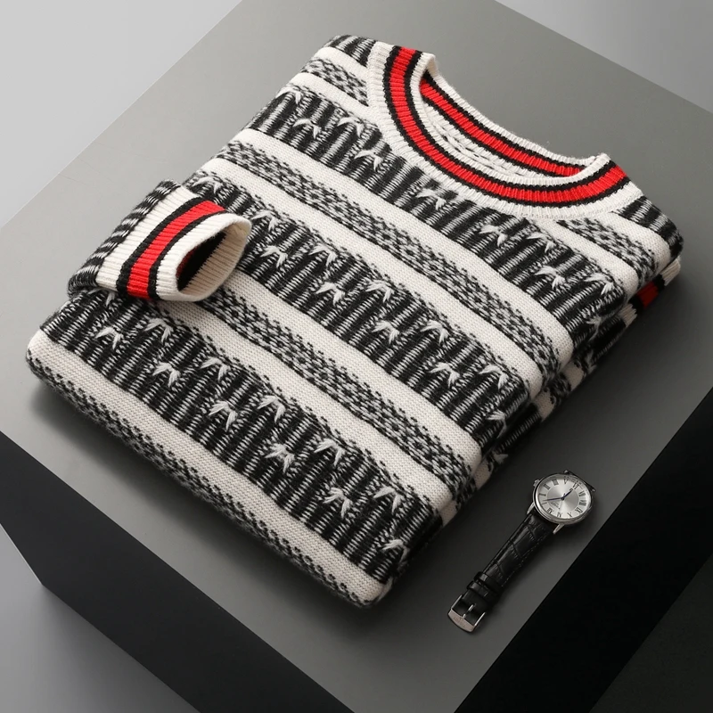 Autumn and winter new 100% pure wool men\'s round neck thick color matching stripes loose fashion knitted cashmere sweater.